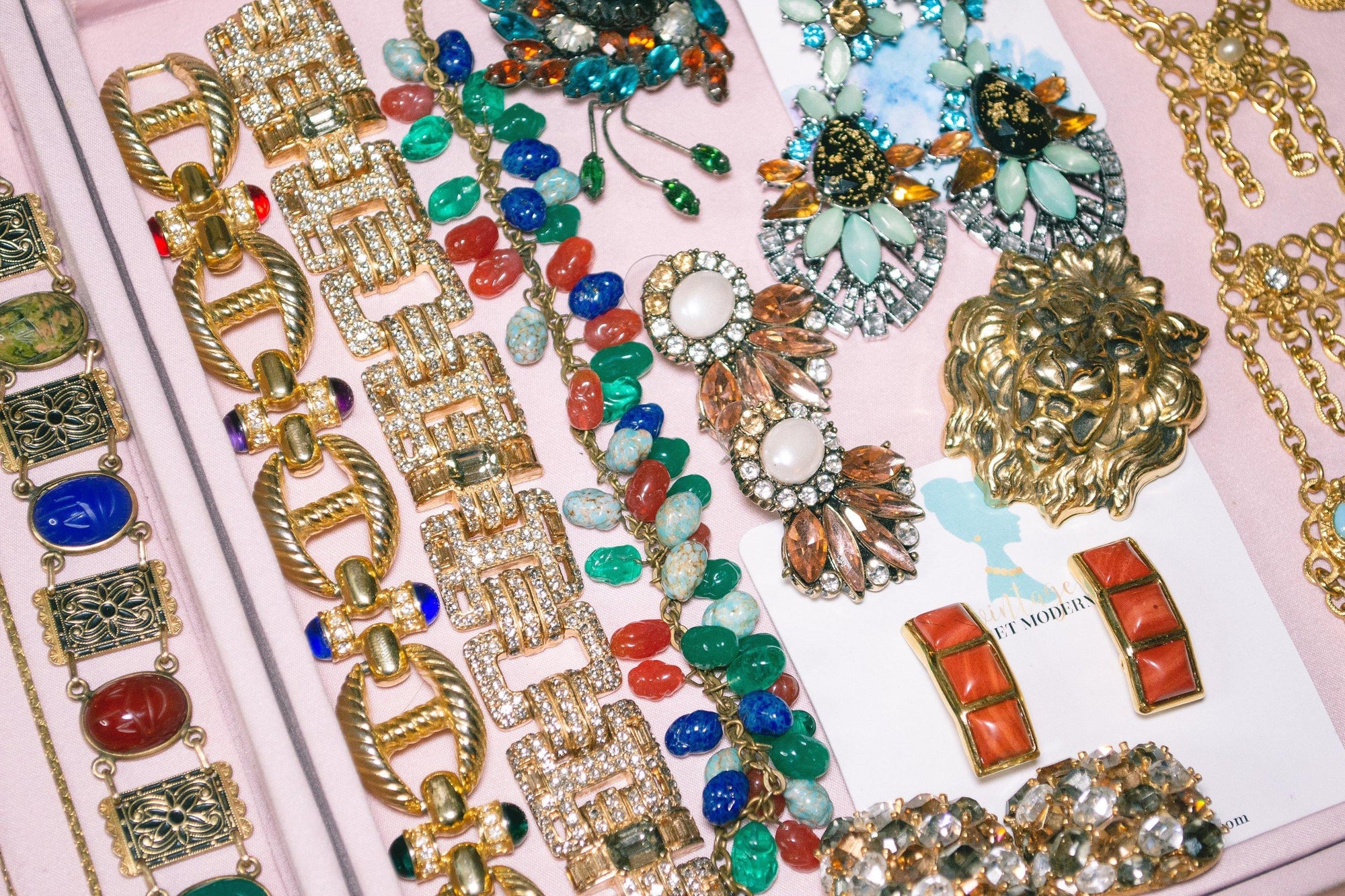 Vintage Gold Cable Bracelet with Red, Purple, Blue, and Green Cabochon Lucite Gems, Gold Tone Setting, Snap Lock Clasp by 1980s - Vintage Meet Modern Vintage Jewelry - Chicago, Illinois - #oldhollywoodglamour #vintagemeetmodern #designervintage #jewelrybox #antiquejewelry #vintagejewelry