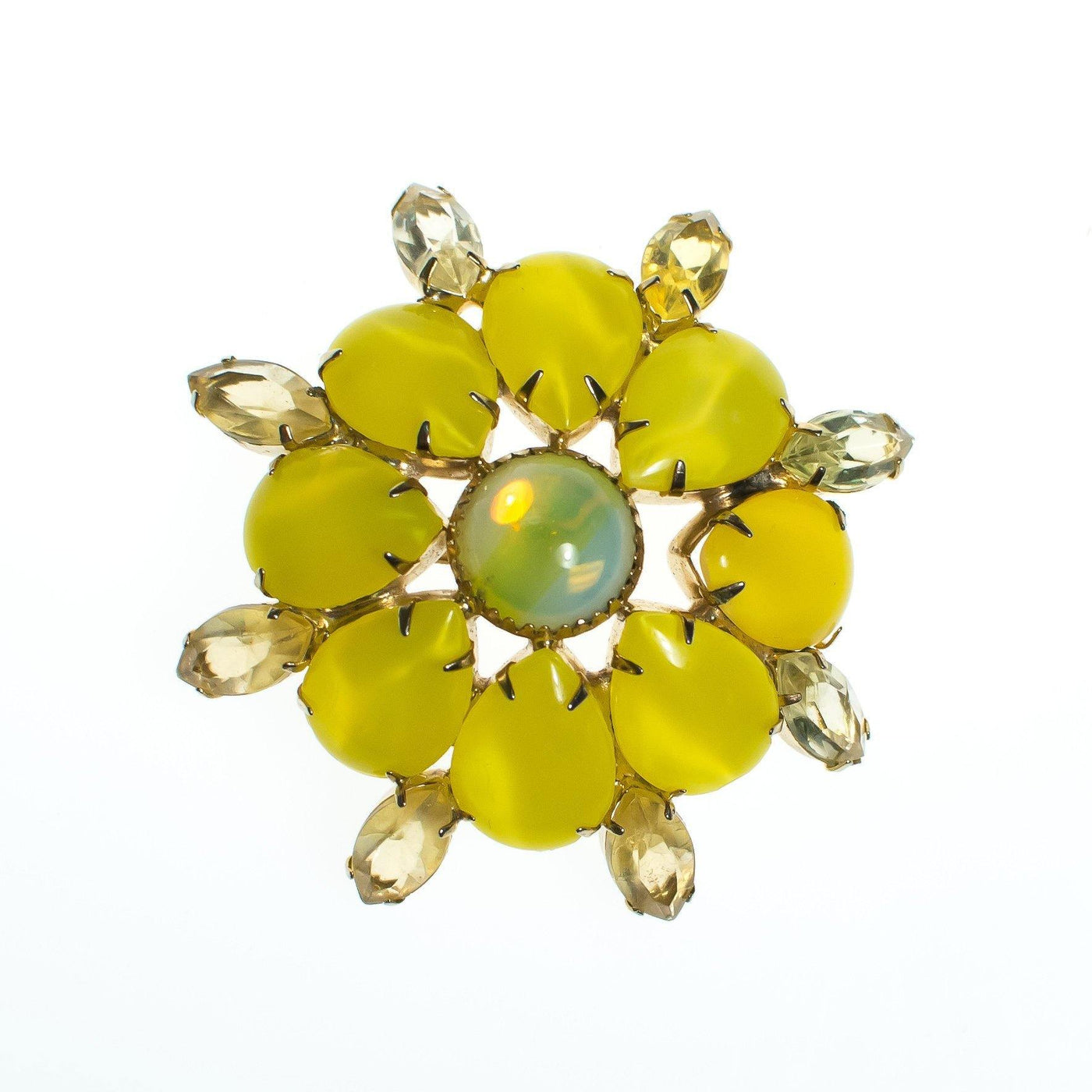 Vintage Brooch, Yellow  Cats Eye Rhinestones, Gold Tone Setting, Brooches and Pins