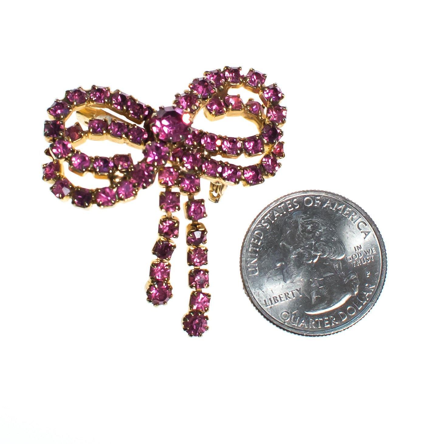 Vintage Pink Ribbon Rhinestone Bow Brooch, Gold Tone Setting, Brooches and Pins by 1950s - Vintage Meet Modern Vintage Jewelry - Chicago, Illinois - #oldhollywoodglamour #vintagemeetmodern #designervintage #jewelrybox #antiquejewelry #vintagejewelry