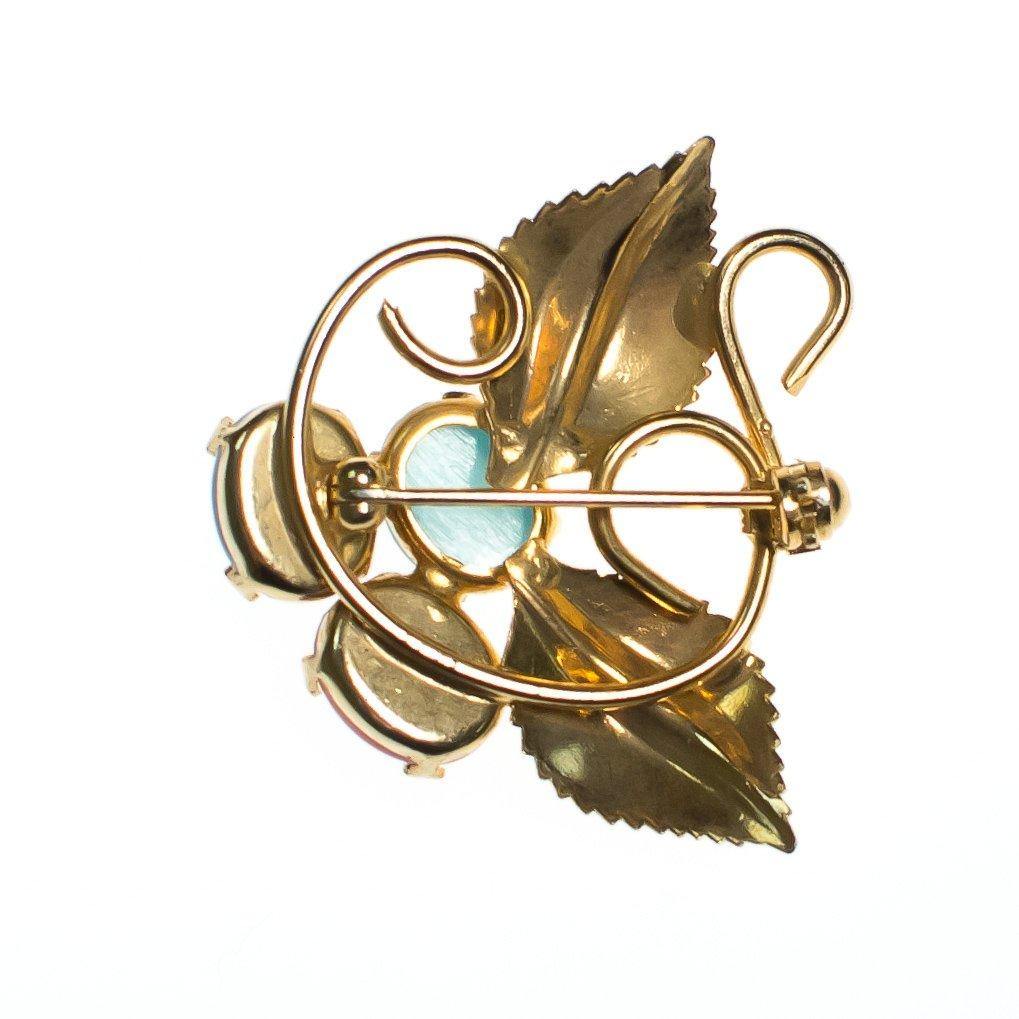 Vintage Flower Brooch, Pink, Green, and Blue Cats Eye Cabochons, Gold Tone Setting, Brooches and Pins by 1950s - Vintage Meet Modern Vintage Jewelry - Chicago, Illinois - #oldhollywoodglamour #vintagemeetmodern #designervintage #jewelrybox #antiquejewelry #vintagejewelry