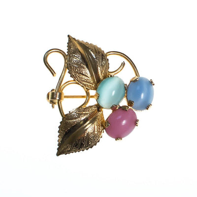 Vintage Flower Brooch, Pink, Green, and Blue Cats Eye Cabochons, Gold Tone Setting, Brooches and Pins by 1950s - Vintage Meet Modern Vintage Jewelry - Chicago, Illinois - #oldhollywoodglamour #vintagemeetmodern #designervintage #jewelrybox #antiquejewelry #vintagejewelry
