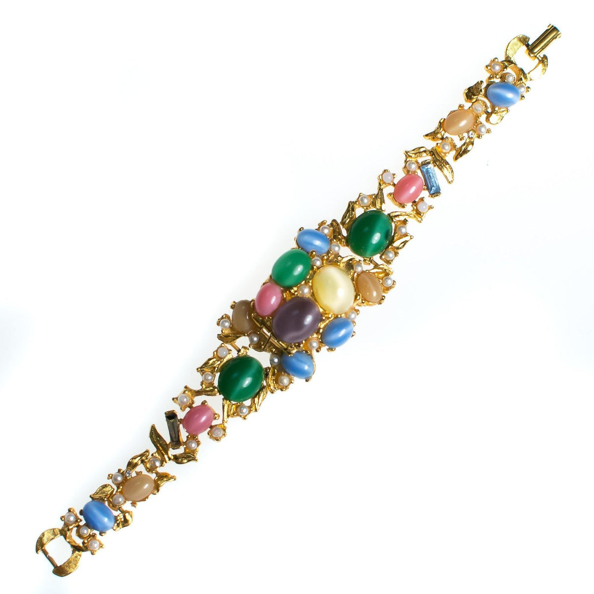 Vintage Colorful Pastel Cabochon Bracelet, Pink, Blue, Green, Yellow, Purple, Faux Pearls, Gold Tone Bracelet, Snap Lock