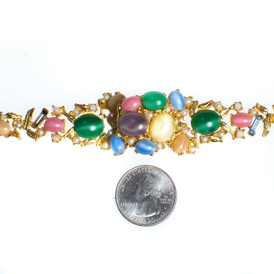 Vintage Colorful Pastel Cabochon Bracelet, Pink, Blue, Green, Yellow, Purple, Faux Pearls, Gold Tone Bracelet, Snap Lock by 1950s - Vintage Meet Modern Vintage Jewelry - Chicago, Illinois - #oldhollywoodglamour #vintagemeetmodern #designervintage #jewelrybox #antiquejewelry #vintagejewelry