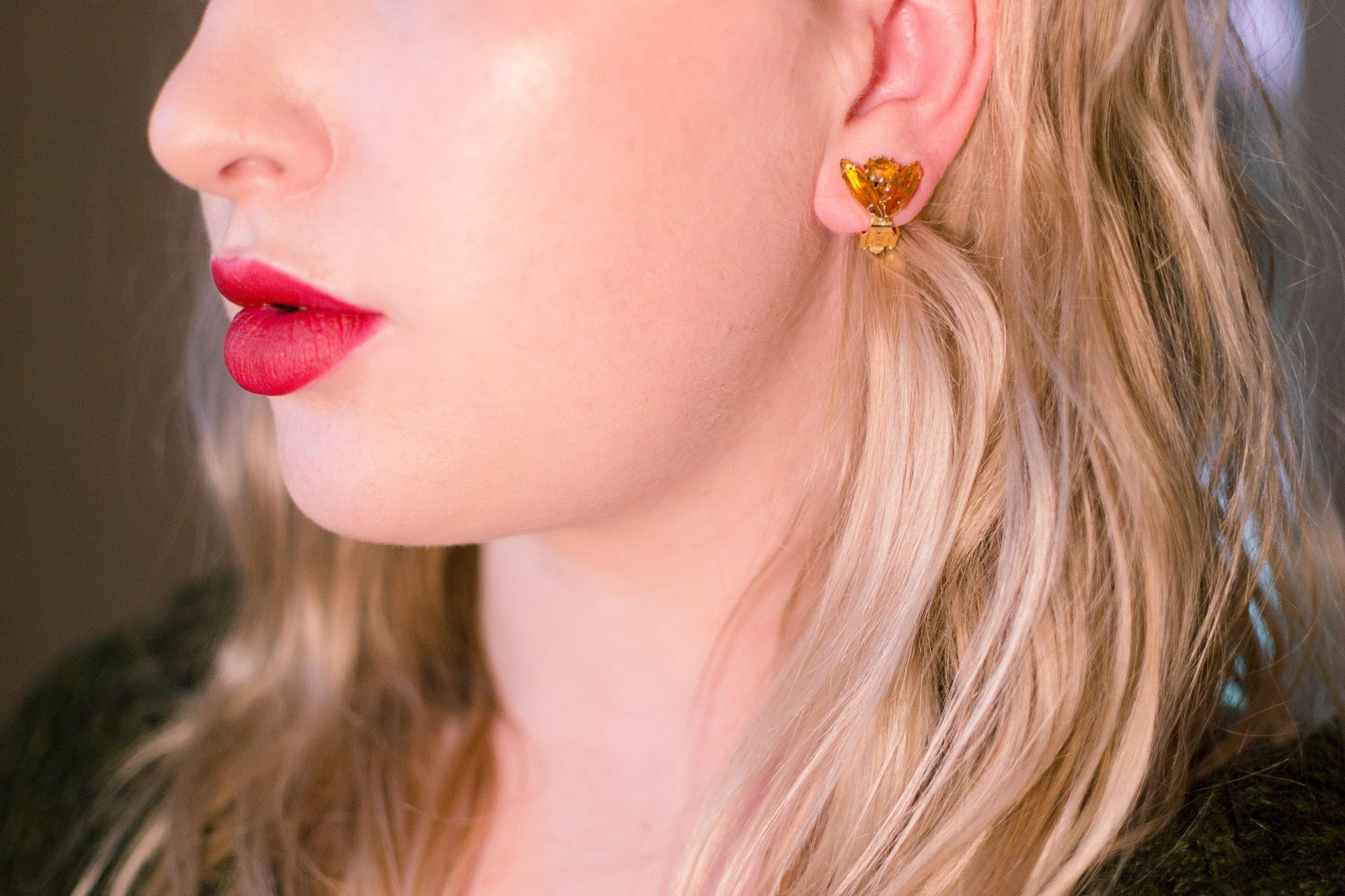 Vintage Petite Gold Rhinestone Earrings, Gold Tone Setting, Clip-on by 1950s - Vintage Meet Modern Vintage Jewelry - Chicago, Illinois - #oldhollywoodglamour #vintagemeetmodern #designervintage #jewelrybox #antiquejewelry #vintagejewelry