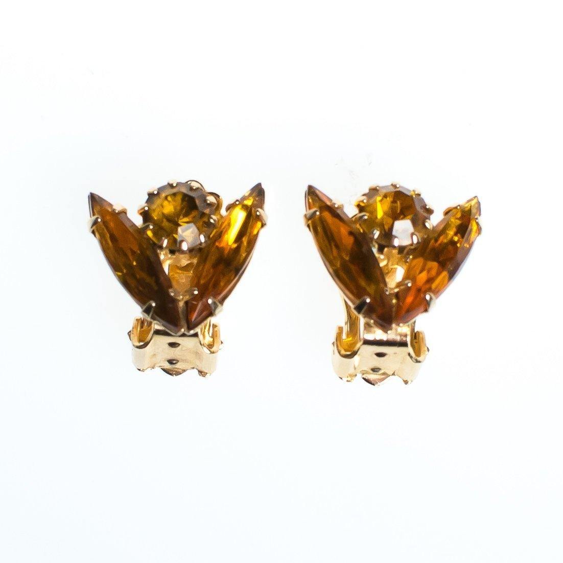 Vintage Petite Gold Rhinestone Earrings, Gold Tone Setting, Clip-on by 1950s - Vintage Meet Modern Vintage Jewelry - Chicago, Illinois - #oldhollywoodglamour #vintagemeetmodern #designervintage #jewelrybox #antiquejewelry #vintagejewelry