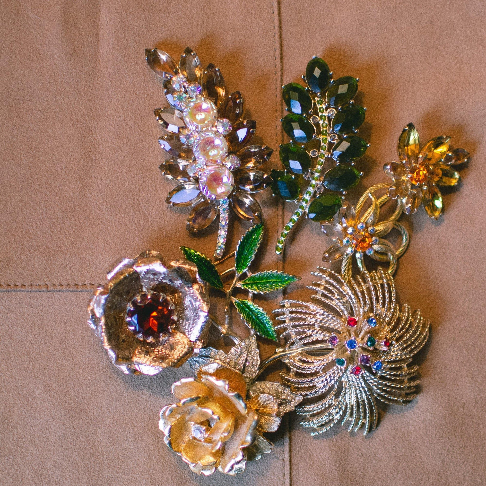 Vintage Olive Green Rhinestone Branch Brooch, Gold Tone Setting, Brooches and Pins by 1960s - Vintage Meet Modern Vintage Jewelry - Chicago, Illinois - #oldhollywoodglamour #vintagemeetmodern #designervintage #jewelrybox #antiquejewelry #vintagejewelry