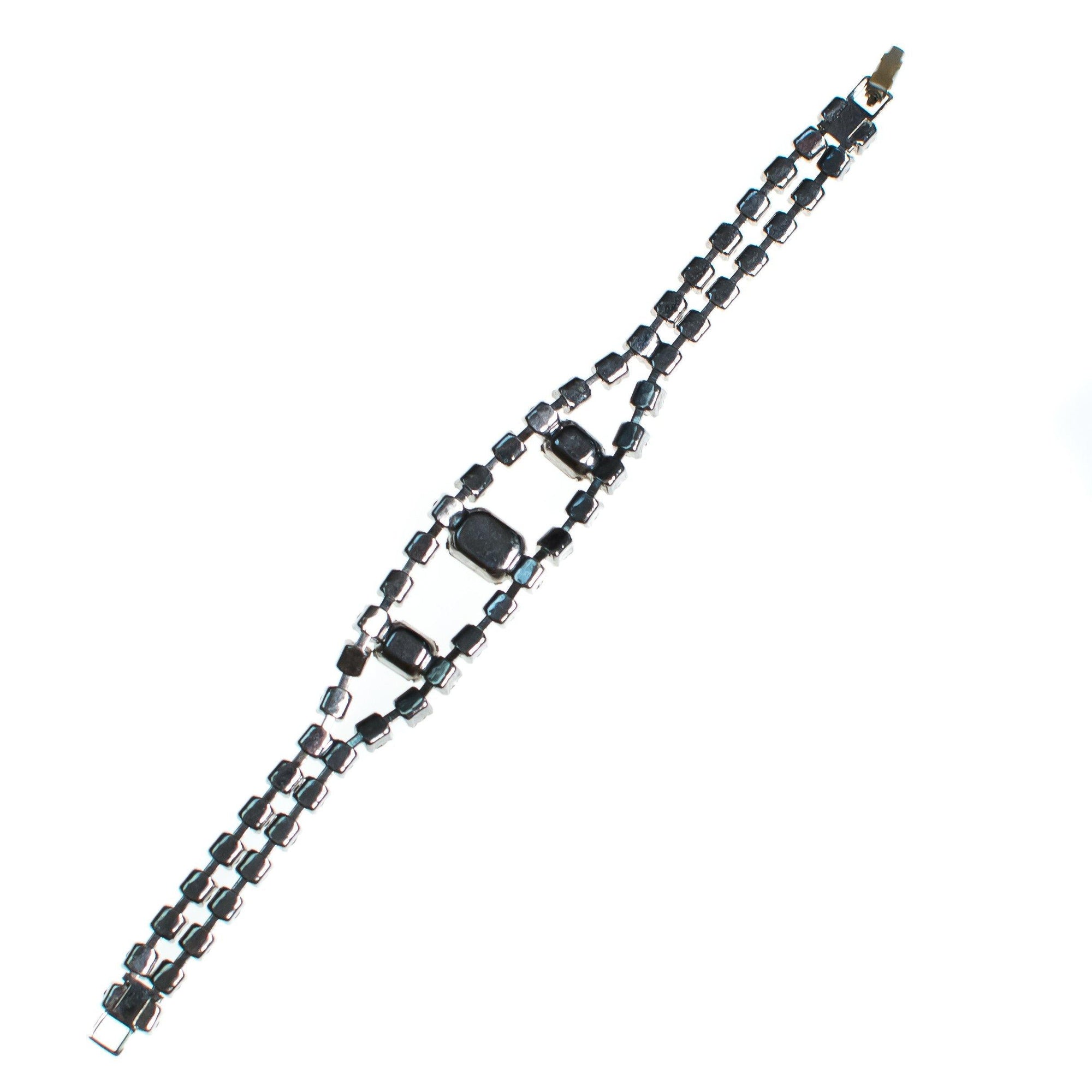 Vintage Art Deco Diamante Rhinestone Crystal Bracelet, Silver Tone Setting, Snap Lock Clasp by 1950s - Vintage Meet Modern Vintage Jewelry - Chicago, Illinois - #oldhollywoodglamour #vintagemeetmodern #designervintage #jewelrybox #antiquejewelry #vintagejewelry