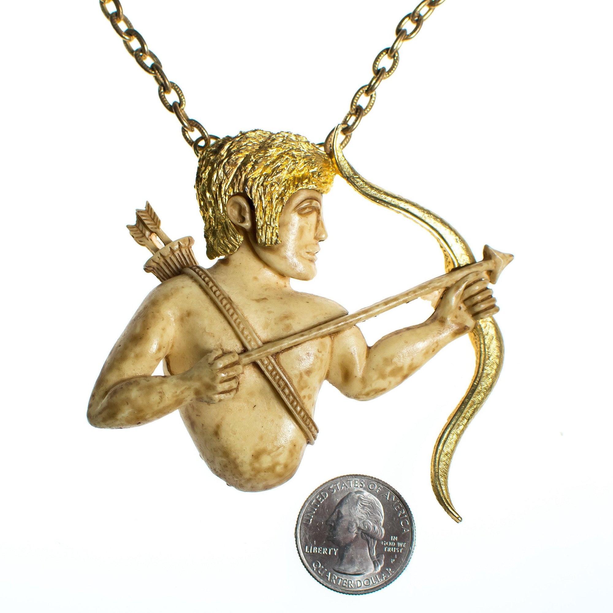 Vintage 1960s Razza Sagittarius Cupid with Arrow Pendant Statement Necklace by Razza - Vintage Meet Modern Vintage Jewelry - Chicago, Illinois - #oldhollywoodglamour #vintagemeetmodern #designervintage #jewelrybox #antiquejewelry #vintagejewelry