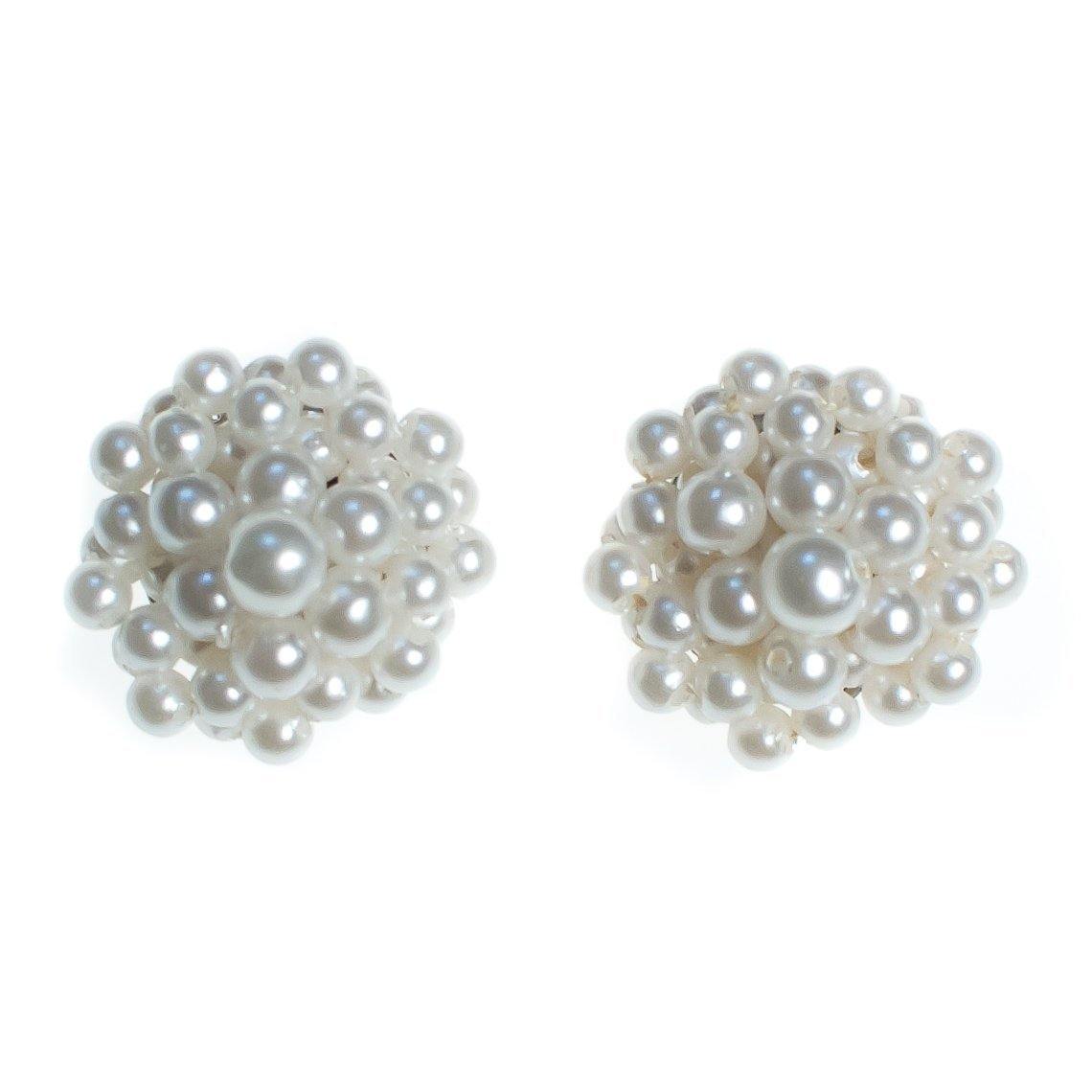 Vintage 1950s Made in Japan White Seed Pearl Cluster Earrings, Faux Pearls, Clip-on
