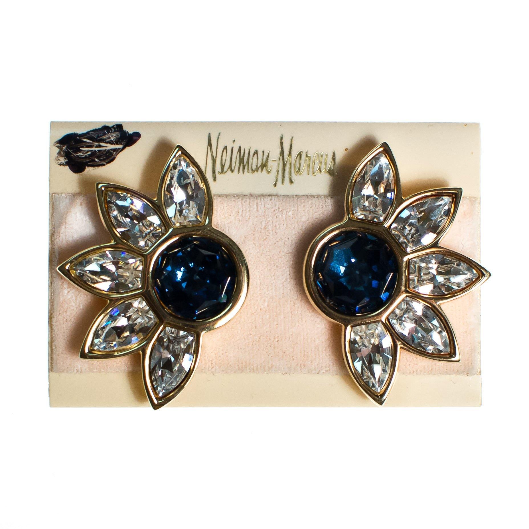Vintage Swarovski Huge Sapphire Blue and Diamante Crystal Earrings, Blue Rhinestone, Gold Tone Setting, Clip-on by Swarovski - Vintage Meet Modern Vintage Jewelry - Chicago, Illinois - #oldhollywoodglamour #vintagemeetmodern #designervintage #jewelrybox #antiquejewelry #vintagejewelry