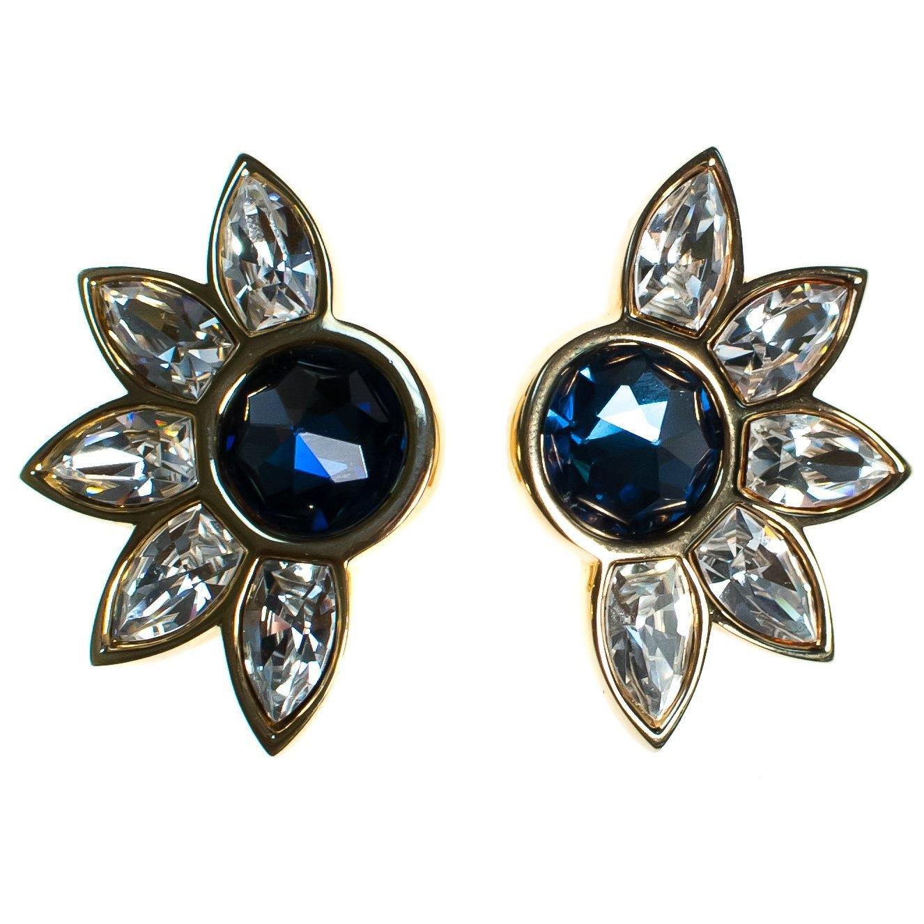 Vintage Swarovski Huge Sapphire Blue and Diamante Crystal Earrings, Blue Rhinestone, Gold Tone Setting, Clip-on