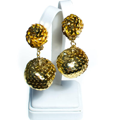 Vintage 1960s Gold Sequin Bon Bon Statement Earrings, Dangle Earrings, Gold Tone Sequins, Clip-on by 1960s - Vintage Meet Modern Vintage Jewelry - Chicago, Illinois - #oldhollywoodglamour #vintagemeetmodern #designervintage #jewelrybox #antiquejewelry #vintagejewelry