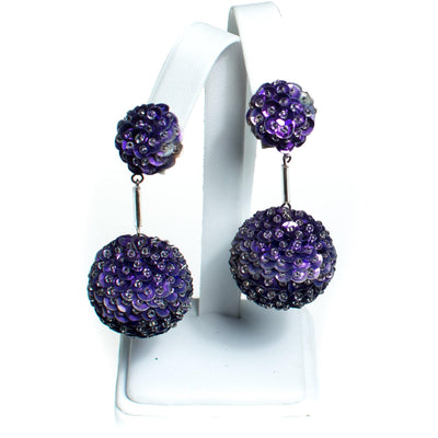 Vintage 1960s Purple Sequin Bon Bon Statement Earrings, Dangle, Purple Sequins, Clear Beads, Clip-on by 1960s - Vintage Meet Modern Vintage Jewelry - Chicago, Illinois - #oldhollywoodglamour #vintagemeetmodern #designervintage #jewelrybox #antiquejewelry #vintagejewelry
