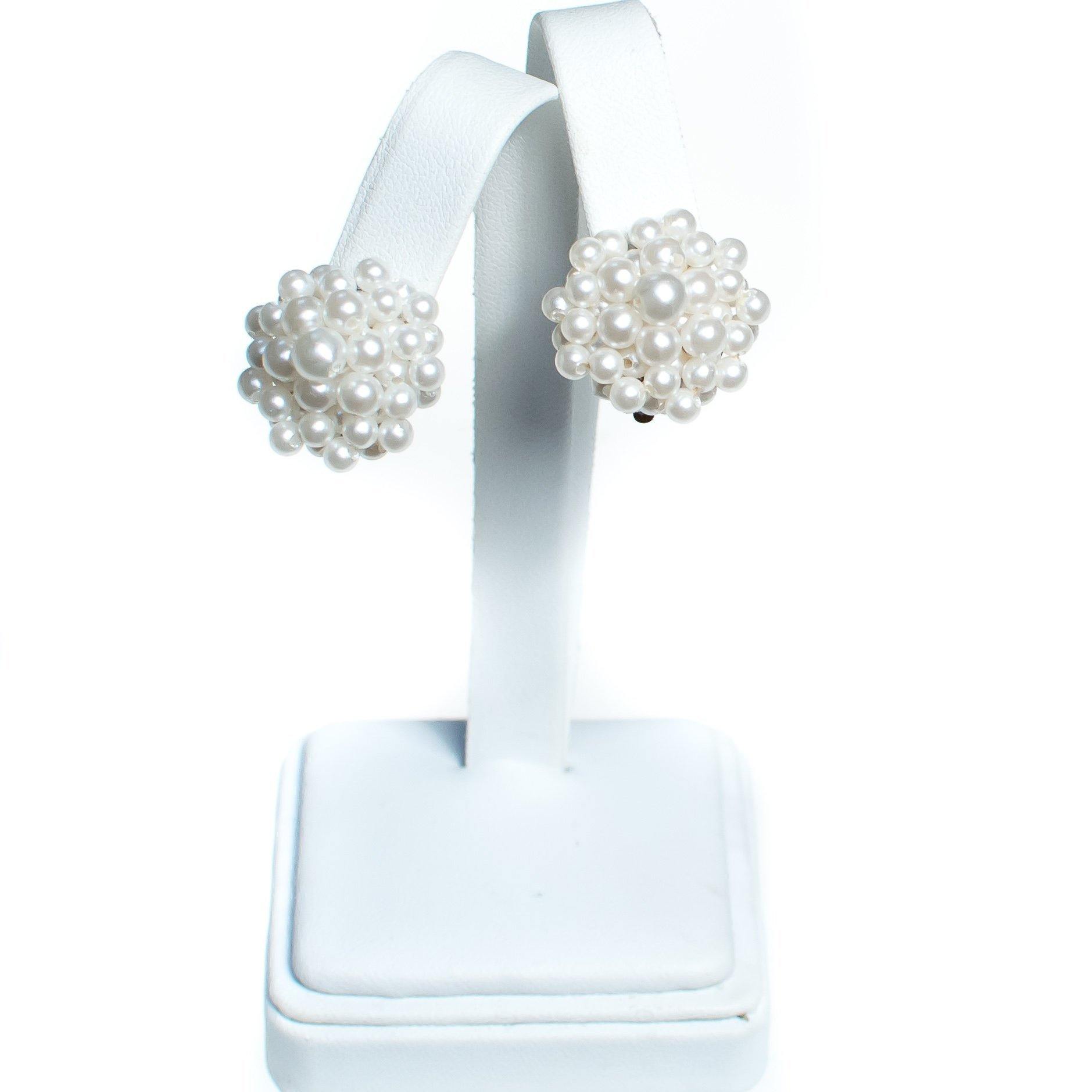 Vintage 1950s Made in Japan White Seed Pearl Cluster Earrings, Faux Pearls, Clip-on by Made In Japan - Vintage Meet Modern Vintage Jewelry - Chicago, Illinois - #oldhollywoodglamour #vintagemeetmodern #designervintage #jewelrybox #antiquejewelry #vintagejewelry