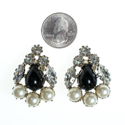 Vintage Schreiner Statement Earrings, Black Cabochons, Faux Pearls, Diamante Crystals, Silver Tone Setting, Clip-on by Schreiner - Vintage Meet Modern Vintage Jewelry - Chicago, Illinois - #oldhollywoodglamour #vintagemeetmodern #designervintage #jewelrybox #antiquejewelry #vintagejewelry