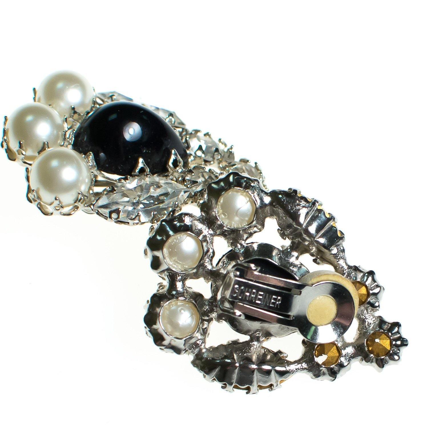 Vintage Schreiner Statement Earrings, Black Cabochons, Faux Pearls, Diamante Crystals, Silver Tone Setting, Clip-on by Schreiner - Vintage Meet Modern Vintage Jewelry - Chicago, Illinois - #oldhollywoodglamour #vintagemeetmodern #designervintage #jewelrybox #antiquejewelry #vintagejewelry