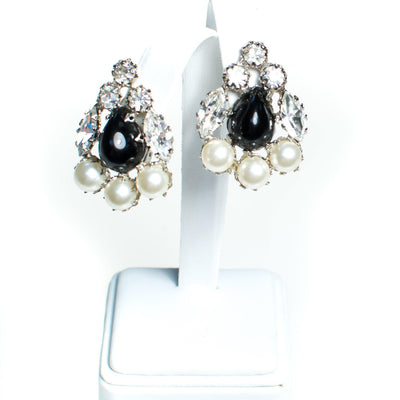 Vintage Schreiner Statement Earrings, Black Cabochons, Faux Pearls, Diamante Crystals, Silver Tone Setting, Clip-on by Schreiner - Vintage Meet Modern Vintage Jewelry - Chicago, Illinois - #oldhollywoodglamour #vintagemeetmodern #designervintage #jewelrybox #antiquejewelry #vintagejewelry