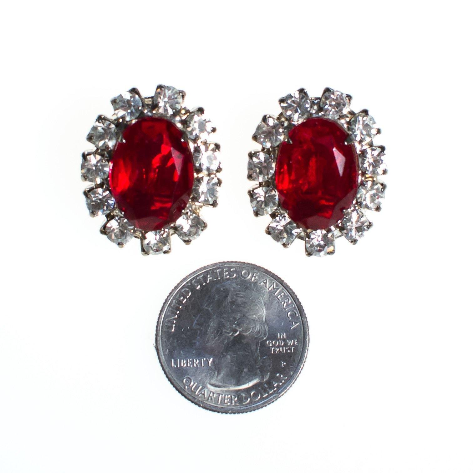 Vintage Ruby Red Rhinestone Statement Earrings, Diamante Crystals, Silver Tone Setting, Clip-on by 1950s - Vintage Meet Modern Vintage Jewelry - Chicago, Illinois - #oldhollywoodglamour #vintagemeetmodern #designervintage #jewelrybox #antiquejewelry #vintagejewelry