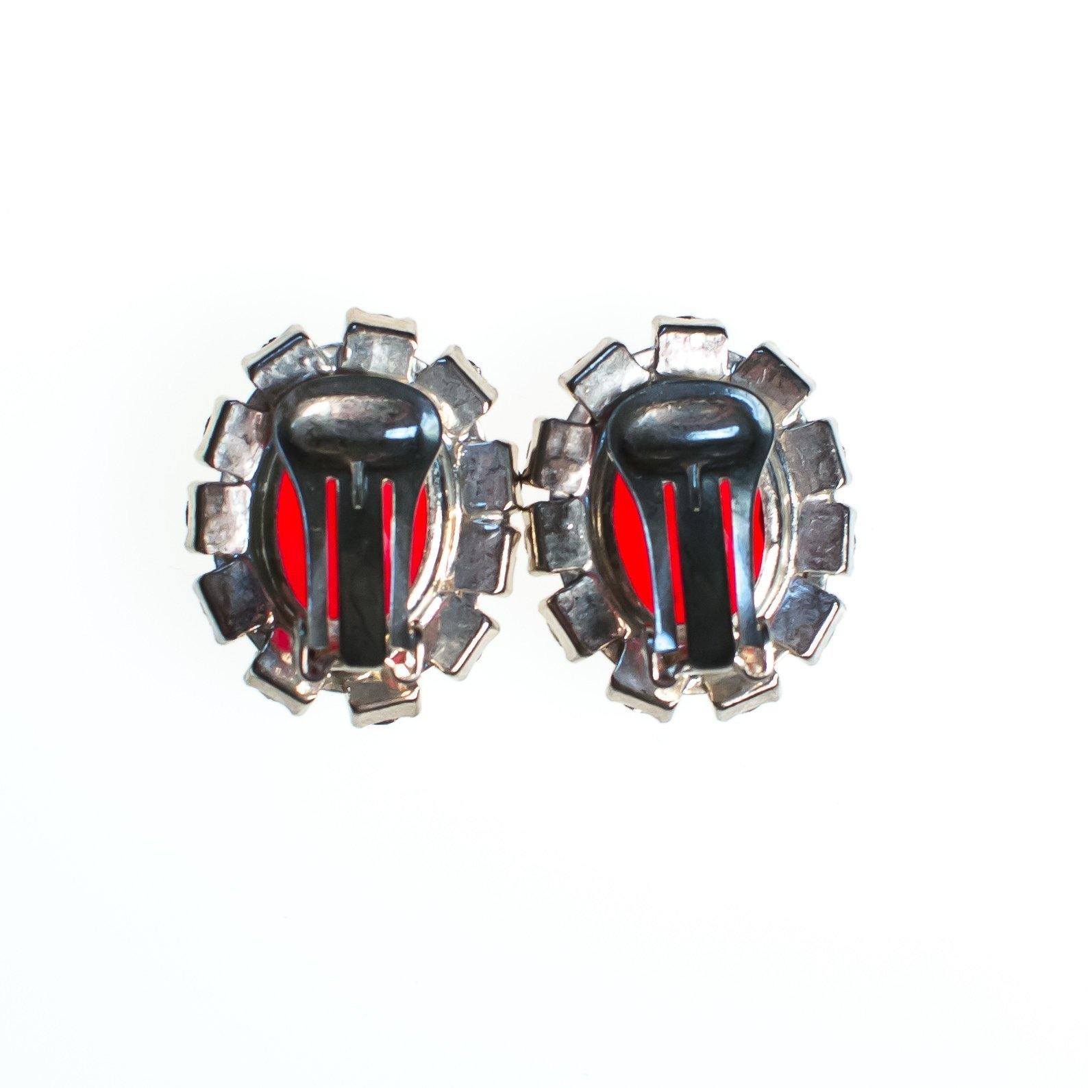 Vintage Ruby Red Rhinestone Statement Earrings, Diamante Crystals, Silver Tone Setting, Clip-on by 1950s - Vintage Meet Modern Vintage Jewelry - Chicago, Illinois - #oldhollywoodglamour #vintagemeetmodern #designervintage #jewelrybox #antiquejewelry #vintagejewelry
