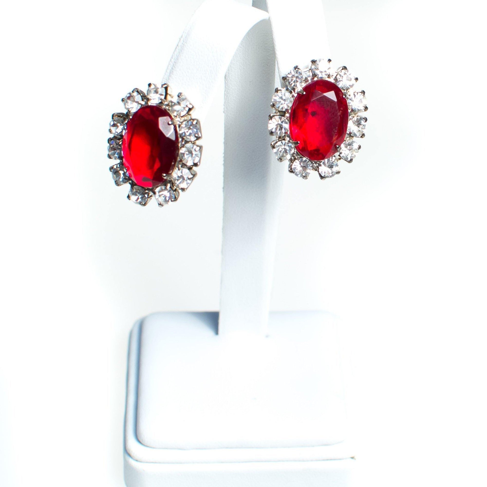 Vintage Ruby Red Rhinestone Statement Earrings, Diamante Crystals, Silver Tone Setting, Clip-on by 1950s - Vintage Meet Modern Vintage Jewelry - Chicago, Illinois - #oldhollywoodglamour #vintagemeetmodern #designervintage #jewelrybox #antiquejewelry #vintagejewelry