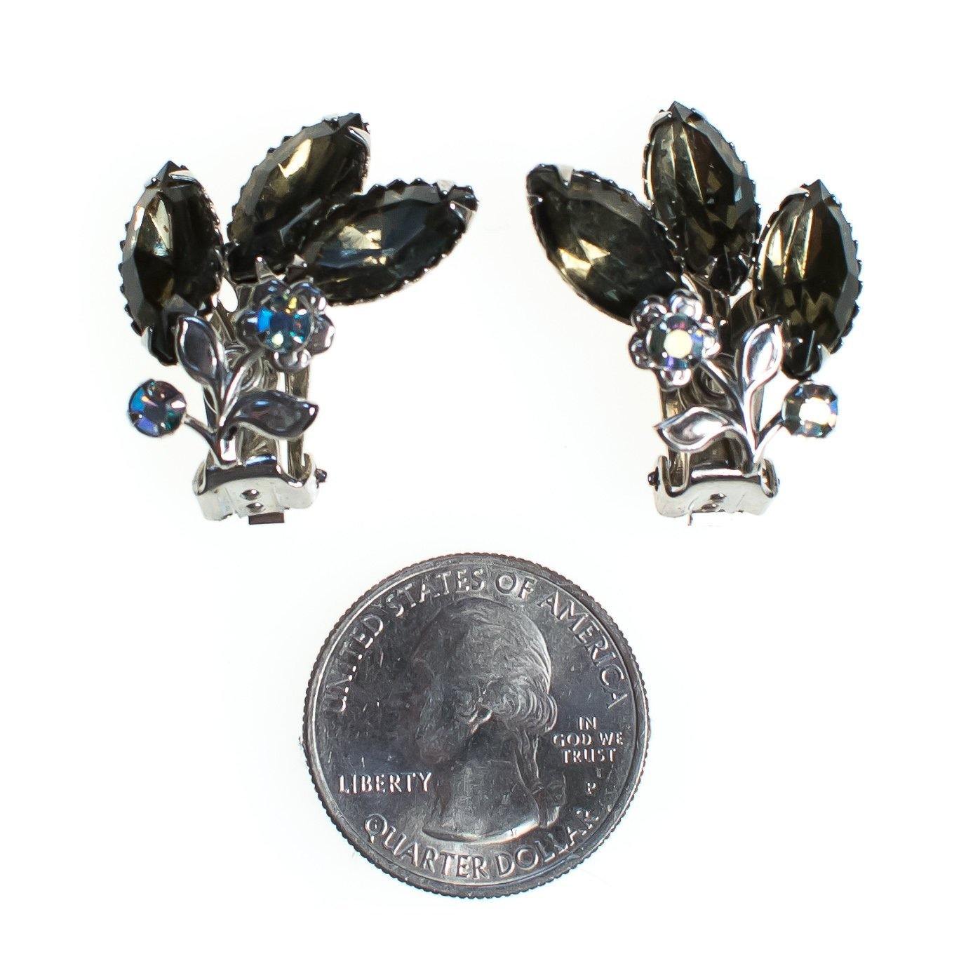 Vintage 1960s Smokey Gray Blue Aurora Borealis Rhinestones Ear Crawler Statement Earrings, Silver Tone Setting, Clip-on by 1960s - Vintage Meet Modern Vintage Jewelry - Chicago, Illinois - #oldhollywoodglamour #vintagemeetmodern #designervintage #jewelrybox #antiquejewelry #vintagejewelry
