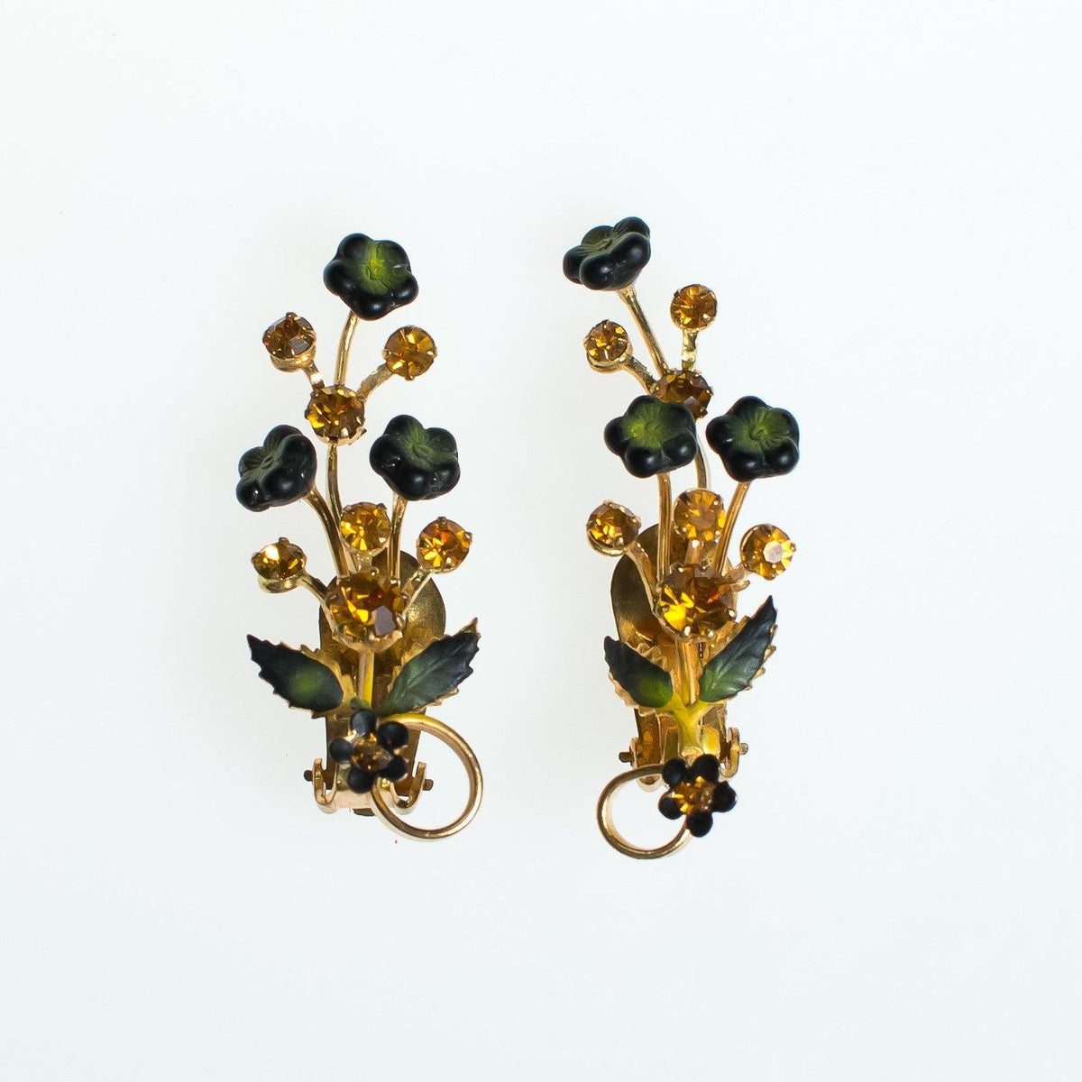 Vintage Austrian Floral Ear Crawler Statement Earrings, Gold Rhinestones, Gold Tone Setting, Clip-on
