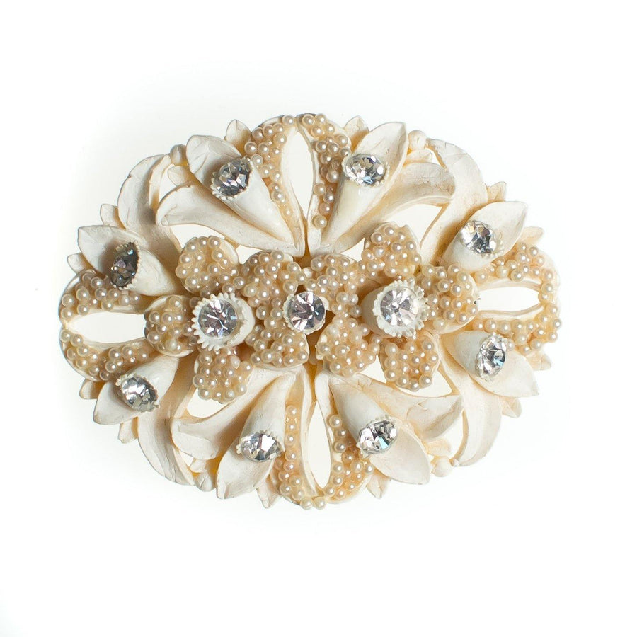 Vintage Ivory Celluloid Brooch, Faux Pearls, Diamante Crystals, Brooches and Pins by Celluloide - Vintage Meet Modern Vintage Jewelry - Chicago, Illinois - #oldhollywoodglamour #vintagemeetmodern #designervintage #jewelrybox #antiquejewelry #vintagejewelry