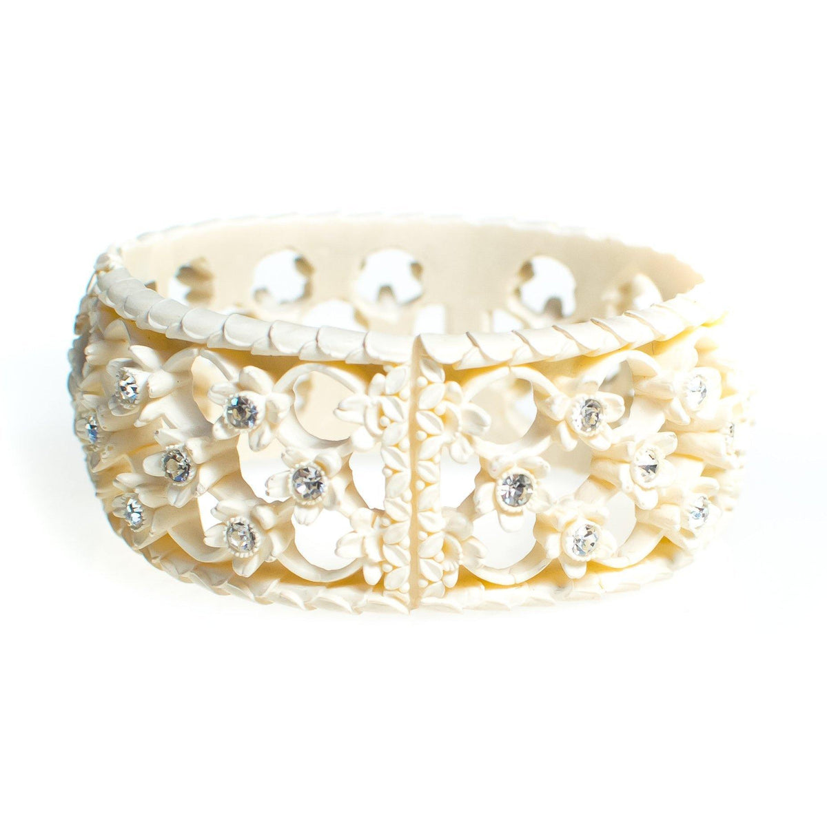 Vintage Ivory Cream Celluloide Flower Carved Hinged Clamper Bangle Bracelet with Rhinestones
