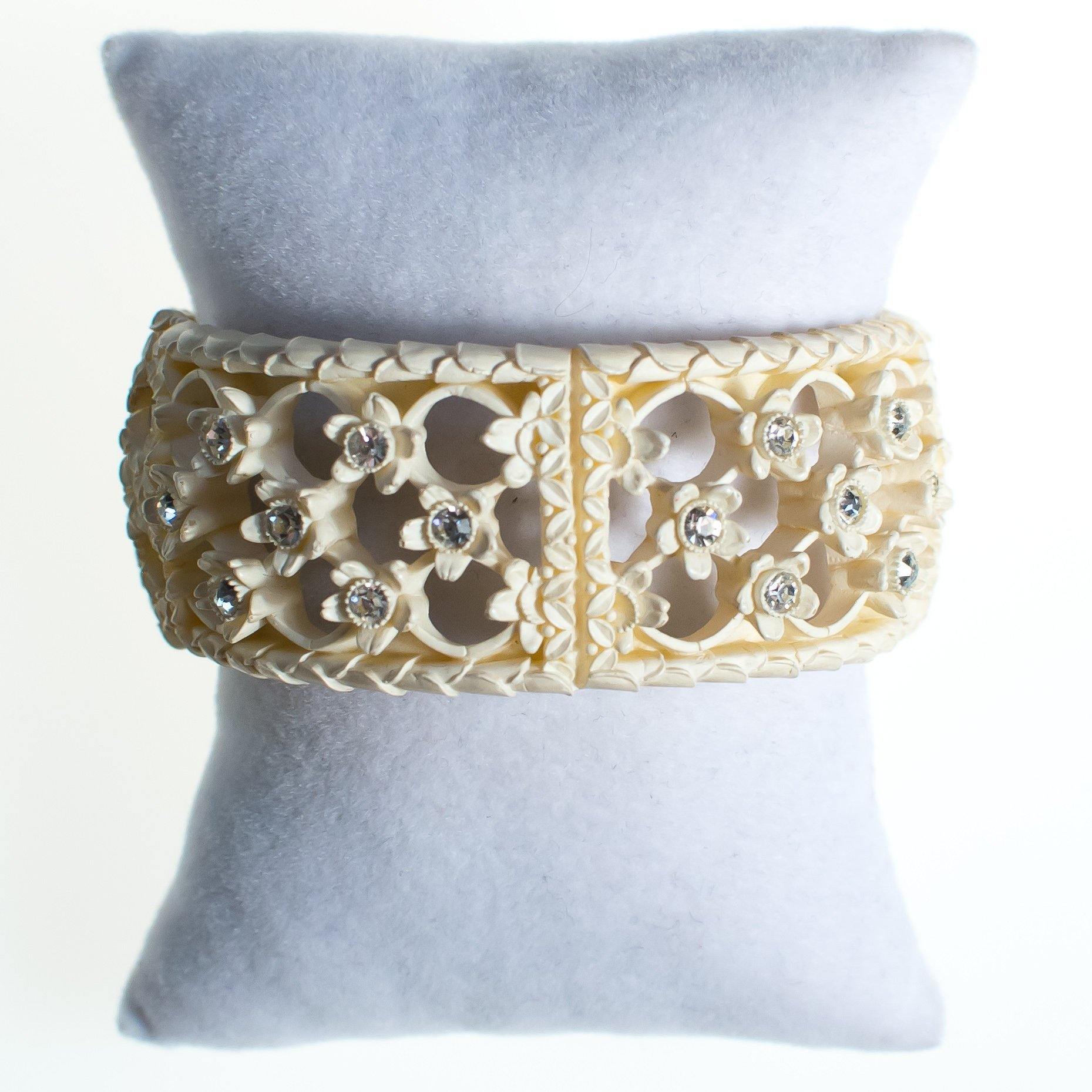 Vintage Ivory Cream Celluloide Flower Carved Hinged Clamper Bangle Bracelet with Rhinestones by Celluloide - Vintage Meet Modern Vintage Jewelry - Chicago, Illinois - #oldhollywoodglamour #vintagemeetmodern #designervintage #jewelrybox #antiquejewelry #vintagejewelry