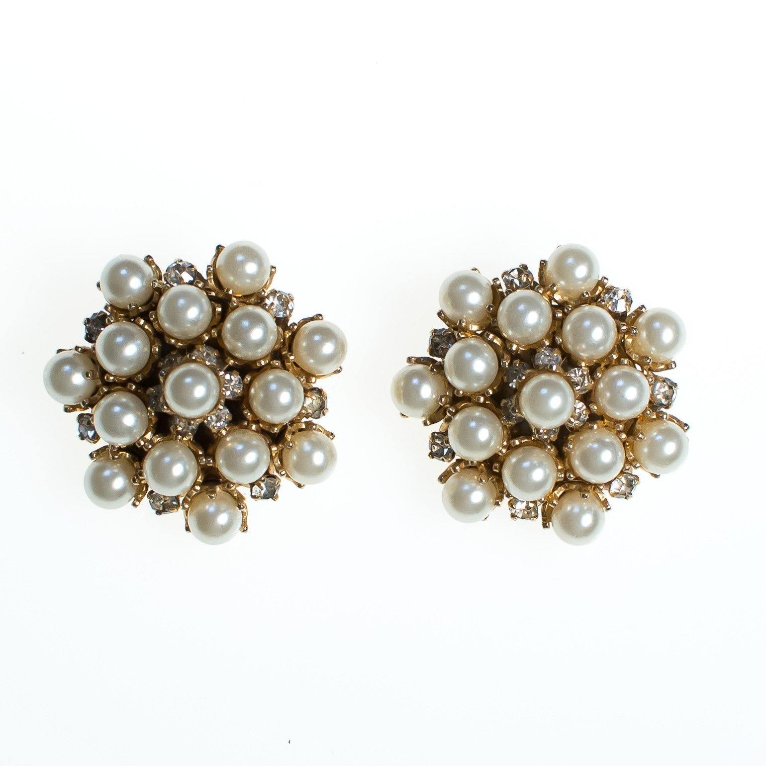 Vintage Leru Statement Earrings, Faux Pearls, Diamante Crystals, Gold Tone Setting, Clip-on by Leru - Vintage Meet Modern Vintage Jewelry - Chicago, Illinois - #oldhollywoodglamour #vintagemeetmodern #designervintage #jewelrybox #antiquejewelry #vintagejewelry