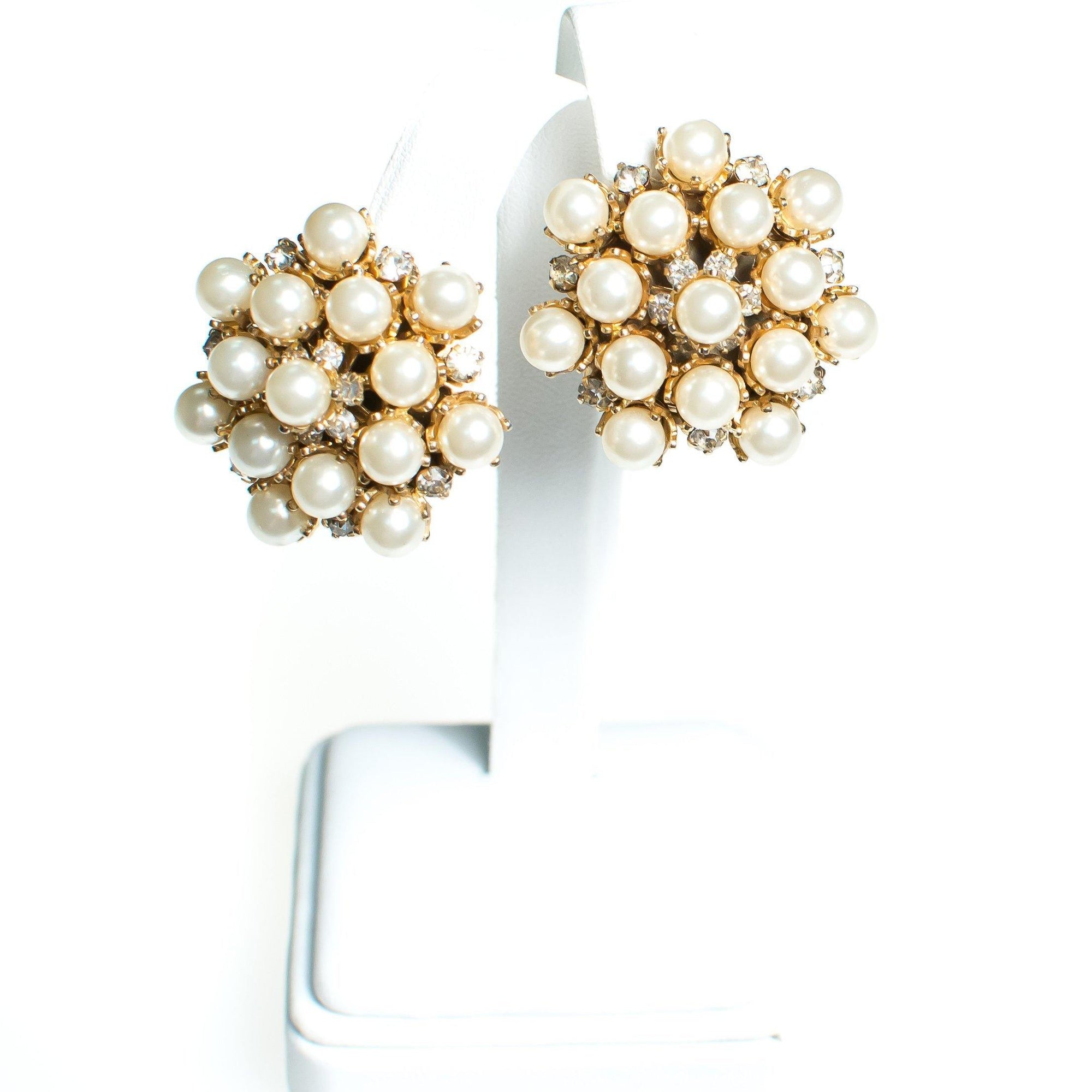 Vintage Leru Statement Earrings, Faux Pearls, Diamante Crystals, Gold Tone Setting, Clip-on by Leru - Vintage Meet Modern Vintage Jewelry - Chicago, Illinois - #oldhollywoodglamour #vintagemeetmodern #designervintage #jewelrybox #antiquejewelry #vintagejewelry