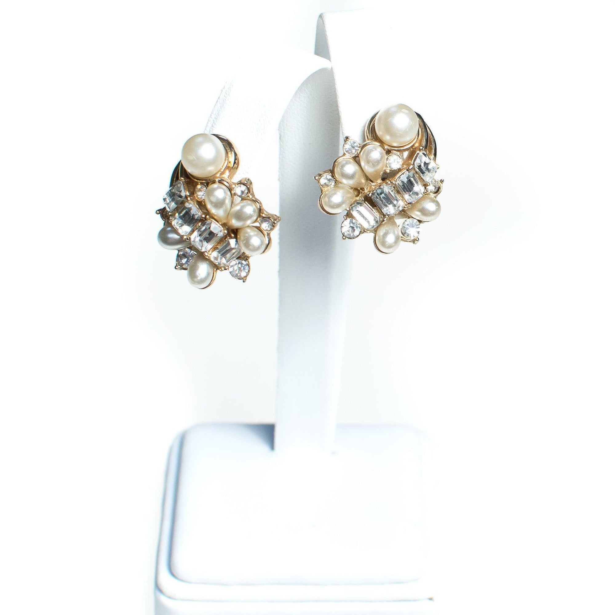 Vintage Hollycraft Earrings, Faux Pearls, Diamante Crystals, Gold Tone Setting, Clip-on by Hollycraft - Vintage Meet Modern Vintage Jewelry - Chicago, Illinois - #oldhollywoodglamour #vintagemeetmodern #designervintage #jewelrybox #antiquejewelry #vintagejewelry