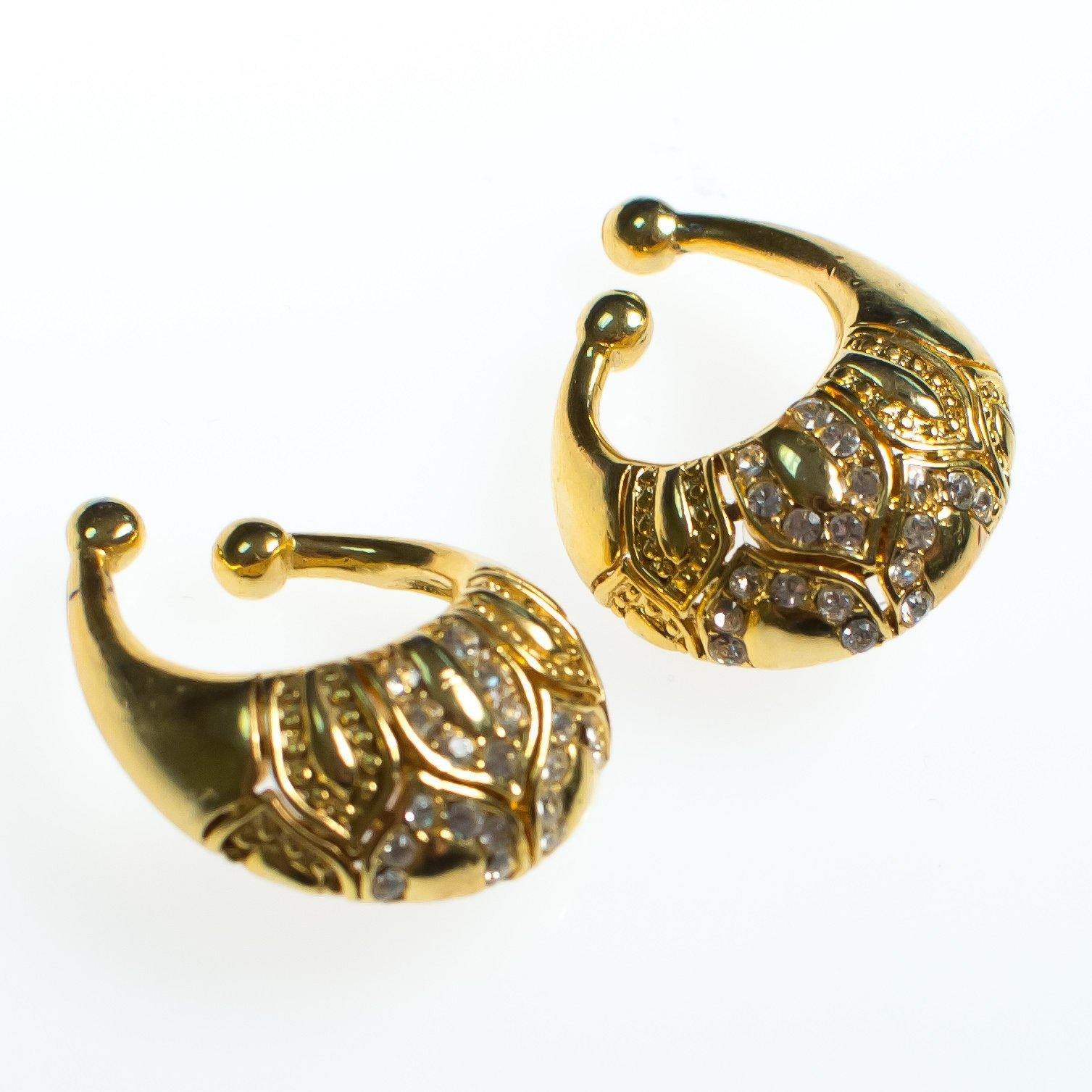 Vintage Gold Etruscan Inspired Loop Earrings, Diamante Crystals, Gold Tone, Pierced by 1980s - Vintage Meet Modern Vintage Jewelry - Chicago, Illinois - #oldhollywoodglamour #vintagemeetmodern #designervintage #jewelrybox #antiquejewelry #vintagejewelry