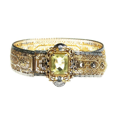 Vintage Edwardian Filigree Bracelet with Lemon Citrine Crystal Gold and Silver with a Buckle Clasp by Edwardian - Vintage Meet Modern Vintage Jewelry - Chicago, Illinois - #oldhollywoodglamour #vintagemeetmodern #designervintage #jewelrybox #antiquejewelry #vintagejewelry
