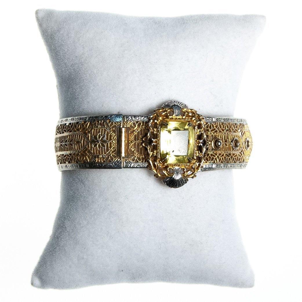 Vintage Edwardian Filigree Bracelet with Lemon Citrine Crystal Gold and Silver with a Buckle Clasp by Edwardian - Vintage Meet Modern Vintage Jewelry - Chicago, Illinois - #oldhollywoodglamour #vintagemeetmodern #designervintage #jewelrybox #antiquejewelry #vintagejewelry