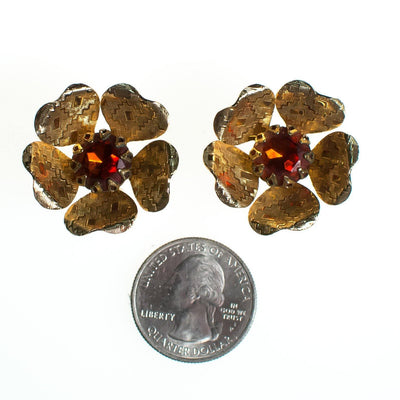 Vintage Sarah Coventry Flower Earrings, Amber Brown Rhinestone Center, Gold Tone Setting, Clip-on Earrings by Sarah Coventry - Vintage Meet Modern Vintage Jewelry - Chicago, Illinois - #oldhollywoodglamour #vintagemeetmodern #designervintage #jewelrybox #antiquejewelry #vintagejewelry