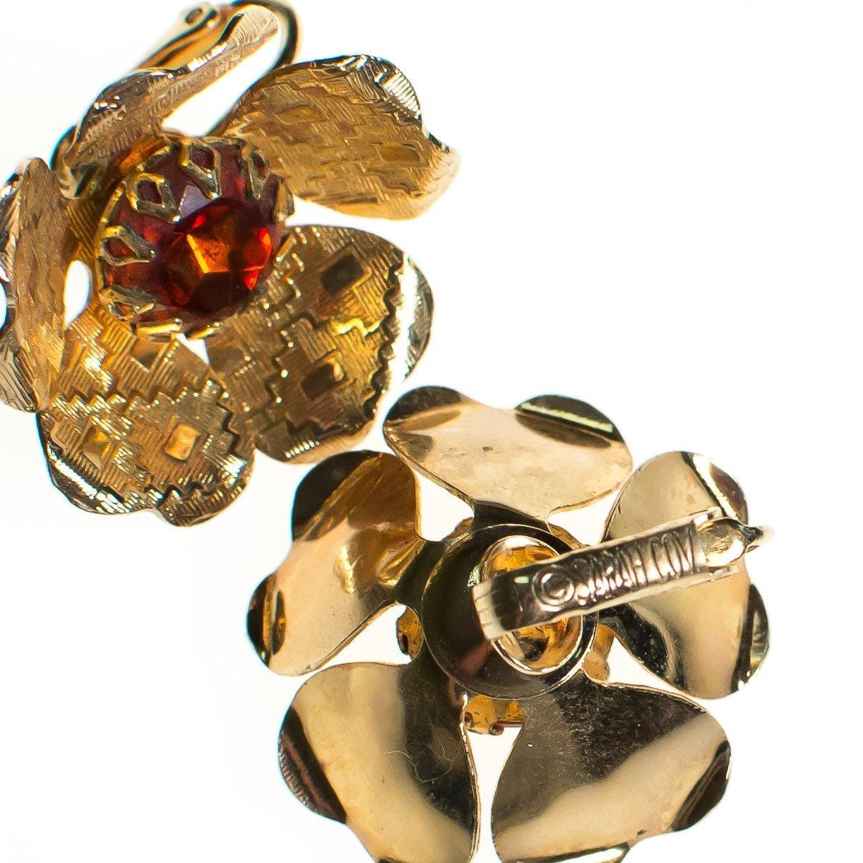 Vintage Sarah Coventry Flower Earrings, Amber Brown Rhinestone Center, Gold Tone Setting, Clip-on Earrings by Sarah Coventry - Vintage Meet Modern Vintage Jewelry - Chicago, Illinois - #oldhollywoodglamour #vintagemeetmodern #designervintage #jewelrybox #antiquejewelry #vintagejewelry