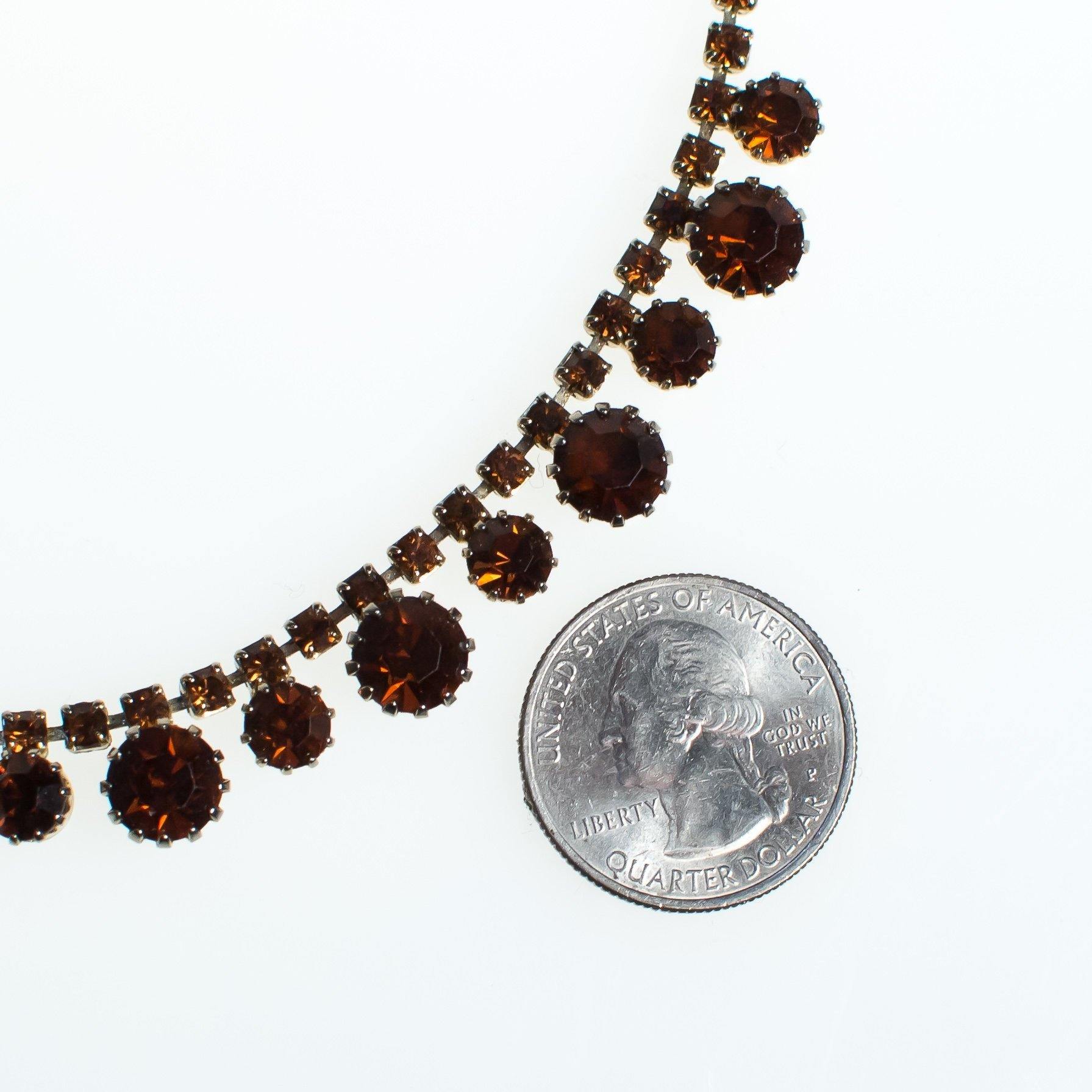 Vintage Amber Topaz Brown Rhinestone Necklace, Gold Tone, Fish Hook Clasp by 1950s - Vintage Meet Modern Vintage Jewelry - Chicago, Illinois - #oldhollywoodglamour #vintagemeetmodern #designervintage #jewelrybox #antiquejewelry #vintagejewelry