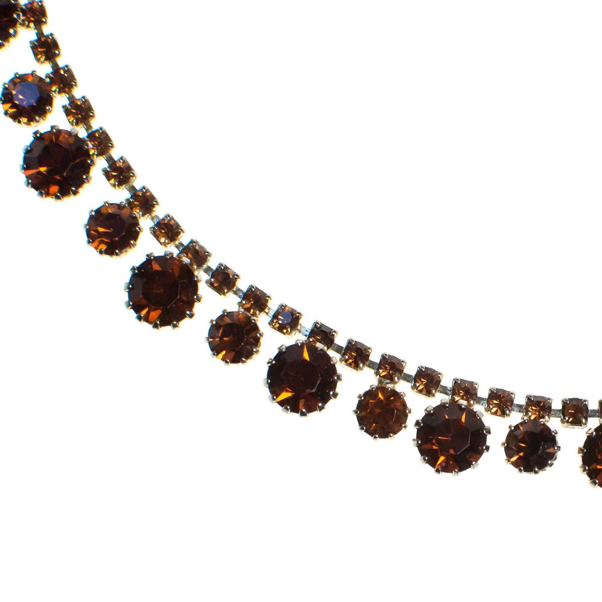 Vintage Amber Topaz Brown Rhinestone Necklace, Gold Tone, Fish Hook Clasp by 1950s - Vintage Meet Modern Vintage Jewelry - Chicago, Illinois - #oldhollywoodglamour #vintagemeetmodern #designervintage #jewelrybox #antiquejewelry #vintagejewelry