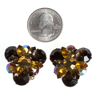 Vintage Amber Brown Rhinestone Earrings, Gold Tone Setting, Clip-on by 1960s - Vintage Meet Modern Vintage Jewelry - Chicago, Illinois - #oldhollywoodglamour #vintagemeetmodern #designervintage #jewelrybox #antiquejewelry #vintagejewelry