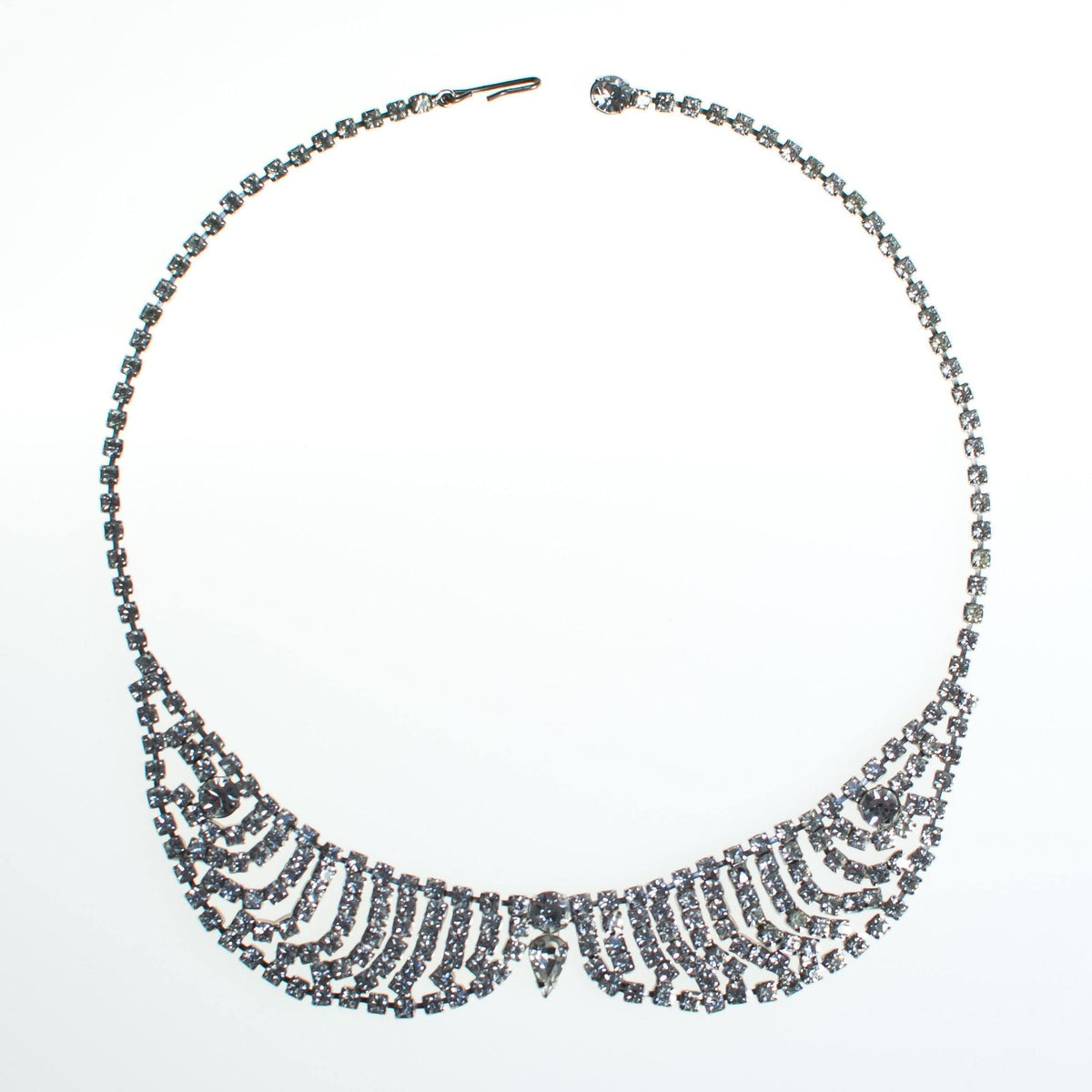 Vintage Art Deco Peter Pan Collar Rhinestone Silver Tone Necklace, Diamante Crystals, Fish Hook Clasp
