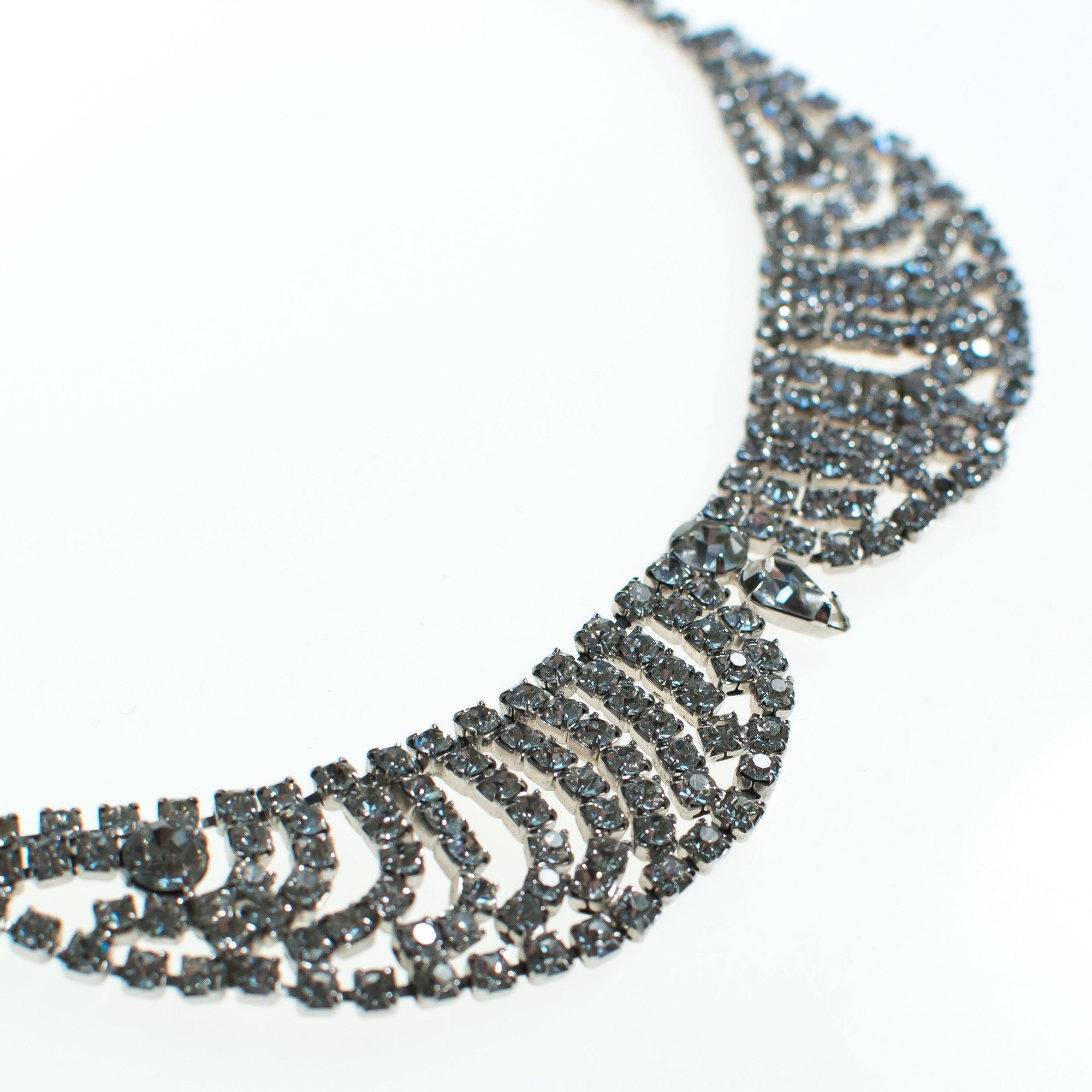 Vintage Art Deco Peter Pan Collar Rhinestone Silver Tone Necklace, Diamante Crystals, Fish Hook Clasp by Art Deco - Vintage Meet Modern Vintage Jewelry - Chicago, Illinois - #oldhollywoodglamour #vintagemeetmodern #designervintage #jewelrybox #antiquejewelry #vintagejewelry