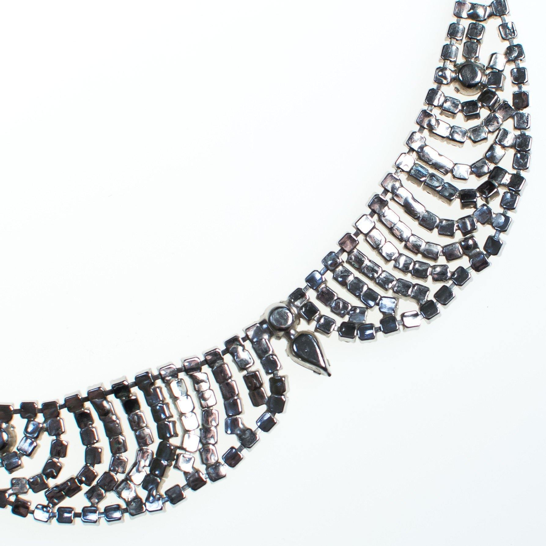 Vintage Art Deco Peter Pan Collar Rhinestone Silver Tone Necklace, Diamante Crystals, Fish Hook Clasp by Art Deco - Vintage Meet Modern Vintage Jewelry - Chicago, Illinois - #oldhollywoodglamour #vintagemeetmodern #designervintage #jewelrybox #antiquejewelry #vintagejewelry