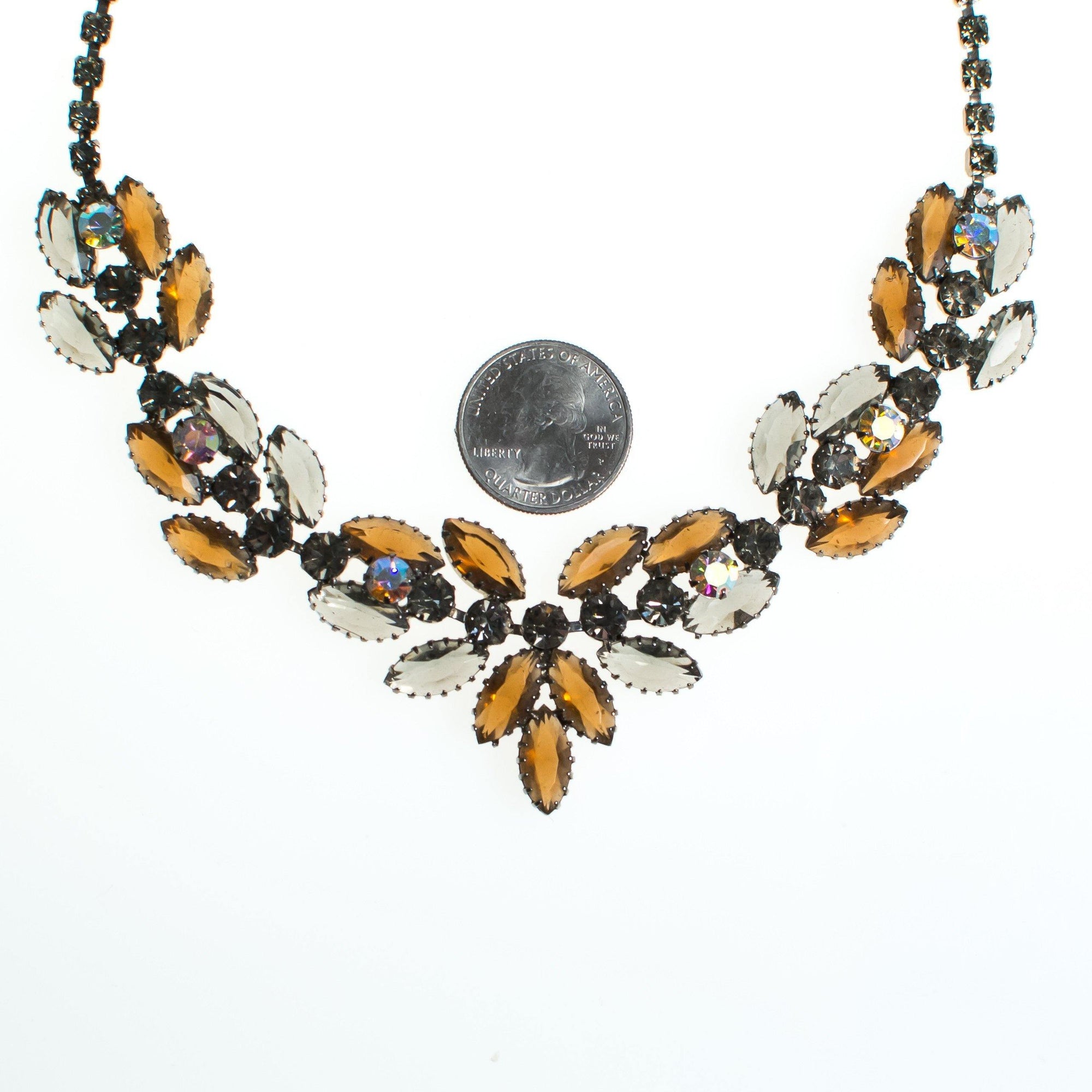 Vintage Juliana Rhinestone Necklace, Brown Rhinestones, Smoky Gray Rhinestones, Iridescent Rhinestones, Silver Tone, Fish Hook Clasp by Juliana - Vintage Meet Modern Vintage Jewelry - Chicago, Illinois - #oldhollywoodglamour #vintagemeetmodern #designervintage #jewelrybox #antiquejewelry #vintagejewelry