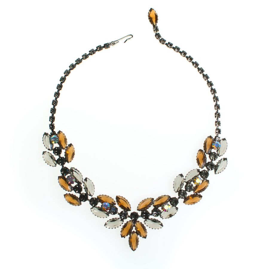 Vintage Juliana Rhinestone Necklace, Brown Rhinestones, Smoky Gray Rhinestones, Iridescent Rhinestones, Silver Tone, Fish Hook Clasp by Juliana - Vintage Meet Modern Vintage Jewelry - Chicago, Illinois - #oldhollywoodglamour #vintagemeetmodern #designervintage #jewelrybox #antiquejewelry #vintagejewelry