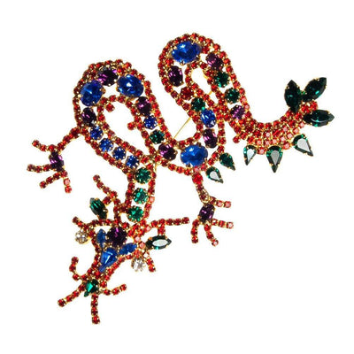 Vintage Chinese Dragon Brooch, Red, Blue, Green, Purple, and Clear Rhinestones, Gold Tone Setting, Brooches and Pins by 1980s - Vintage Meet Modern Vintage Jewelry - Chicago, Illinois - #oldhollywoodglamour #vintagemeetmodern #designervintage #jewelrybox #antiquejewelry #vintagejewelry