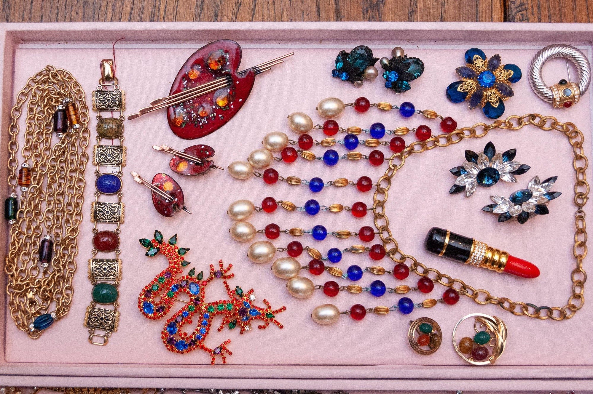 Vintage Chinese Dragon Brooch, Red, Blue, Green, Purple, and Clear Rhinestones, Gold Tone Setting, Brooches and Pins by 1980s - Vintage Meet Modern Vintage Jewelry - Chicago, Illinois - #oldhollywoodglamour #vintagemeetmodern #designervintage #jewelrybox #antiquejewelry #vintagejewelry