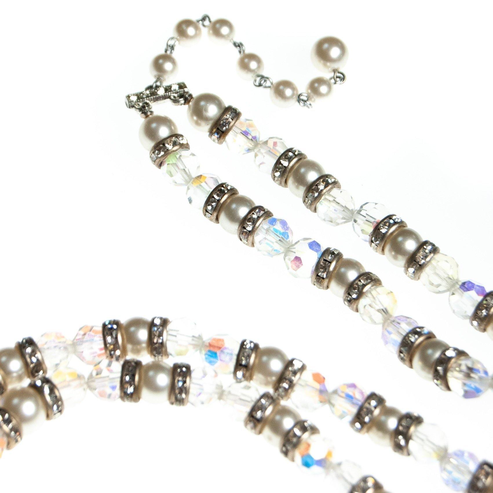 Vintage Multi-strand Necklace, Diamante Crystals, Clear Lucite Beads, Faux Pearls, Silver Setting, Fish Hook Clasp by 1950s - Vintage Meet Modern Vintage Jewelry - Chicago, Illinois - #oldhollywoodglamour #vintagemeetmodern #designervintage #jewelrybox #antiquejewelry #vintagejewelry