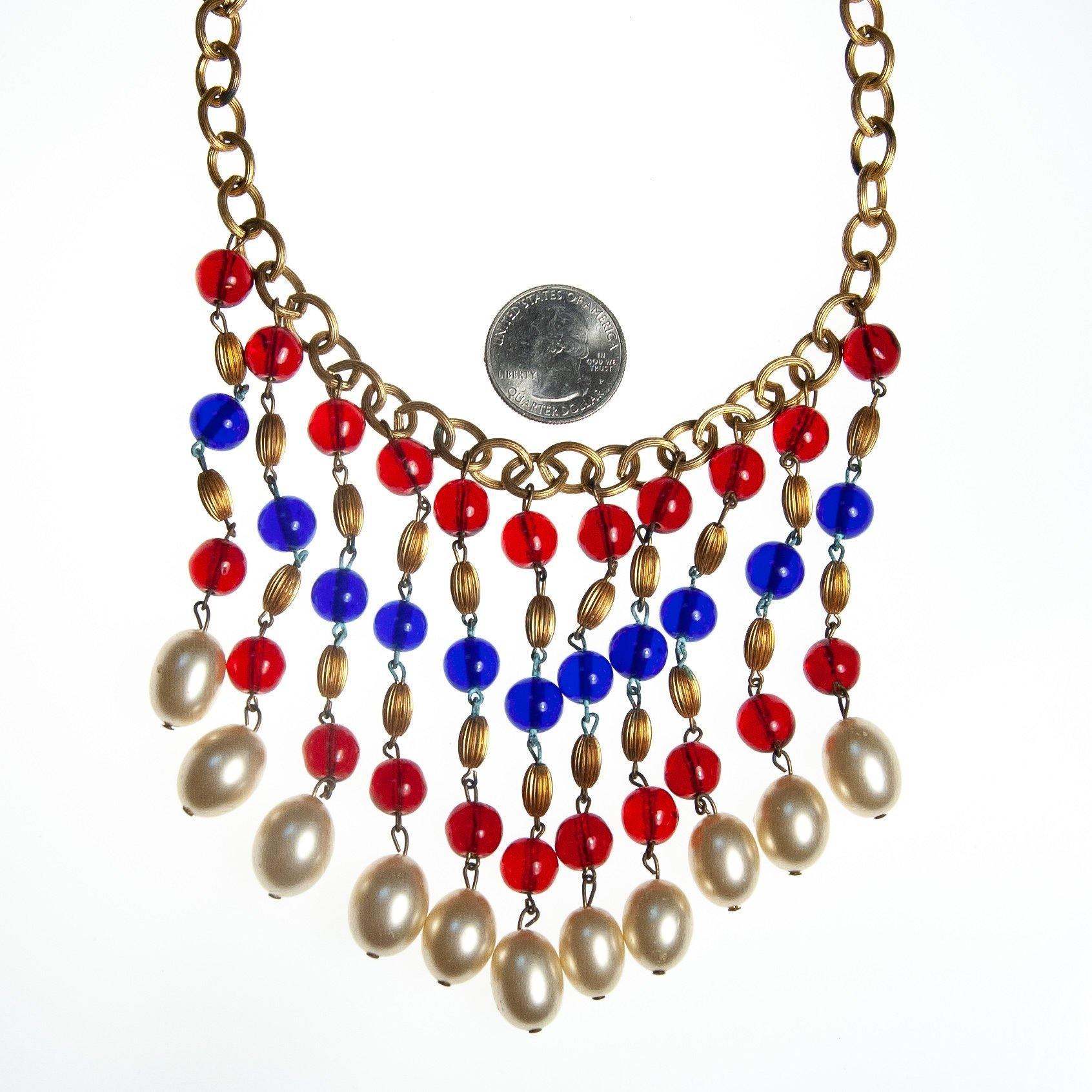 Vintage Czech Red, Blue Gripoix and Faux Pearl Bib Tassel Necklace, Gold Tone Beads, Faux Pearls, Spring Ring Clasp by Czech - Vintage Meet Modern Vintage Jewelry - Chicago, Illinois - #oldhollywoodglamour #vintagemeetmodern #designervintage #jewelrybox #antiquejewelry #vintagejewelry