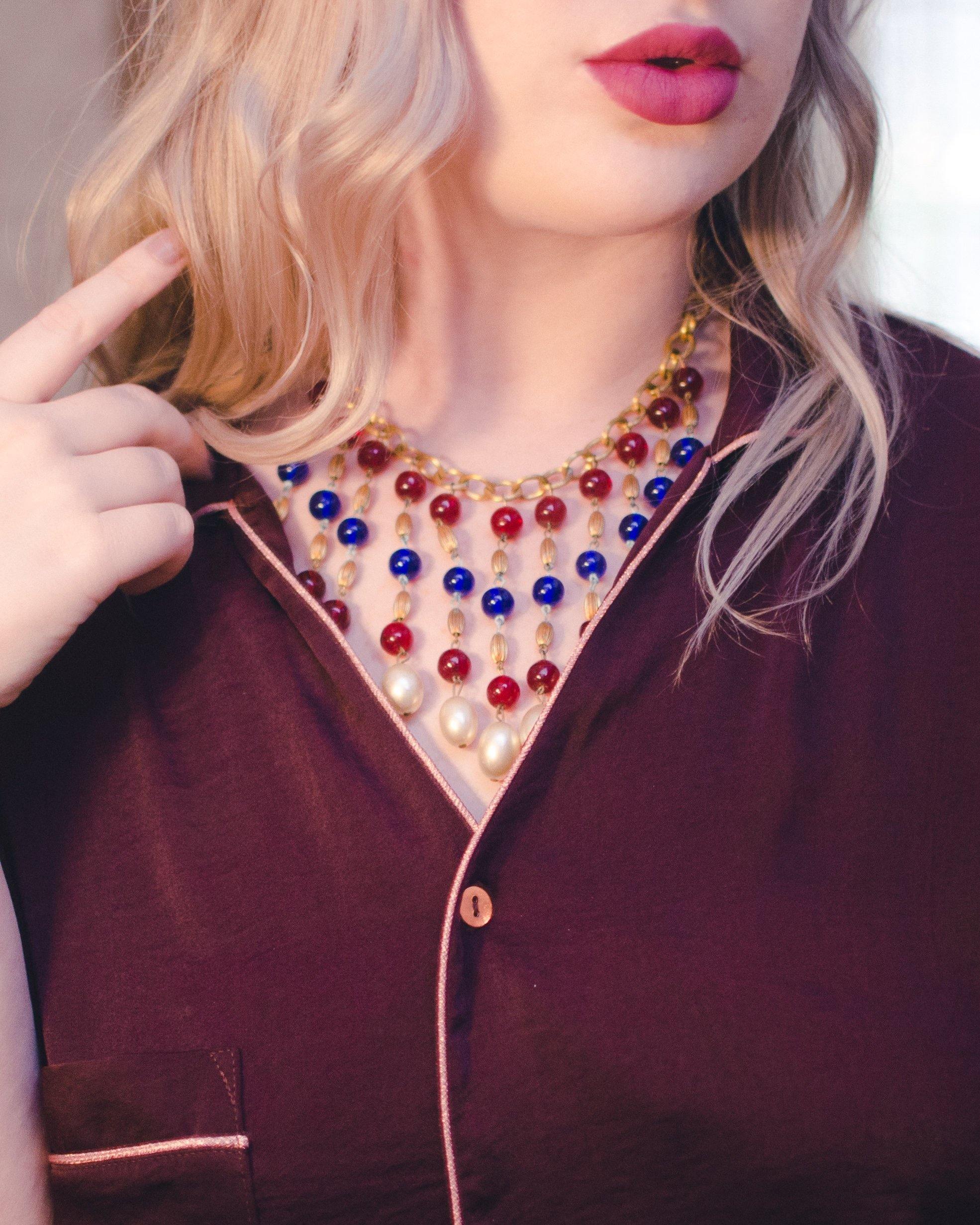 Vintage Czech Red, Blue Gripoix and Faux Pearl Bib Tassel Necklace, Gold Tone Beads, Faux Pearls, Spring Ring Clasp by Czech - Vintage Meet Modern Vintage Jewelry - Chicago, Illinois - #oldhollywoodglamour #vintagemeetmodern #designervintage #jewelrybox #antiquejewelry #vintagejewelry